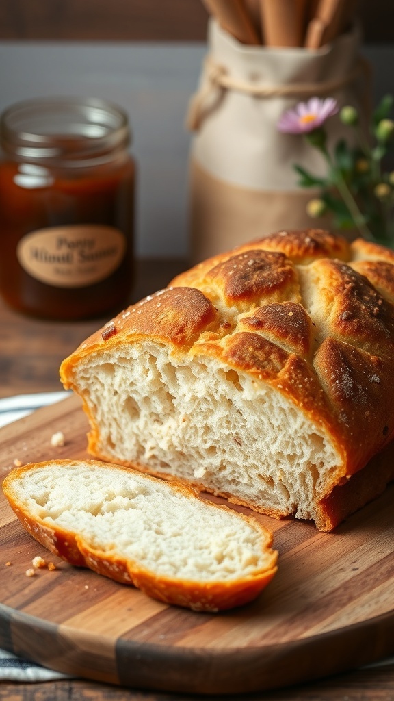 Homemade Bread Recipe for Gifting A freshly baked loaf of homemade bread on a wooden board, sliced to show its fluffy texture, with jam and flowers in the background.